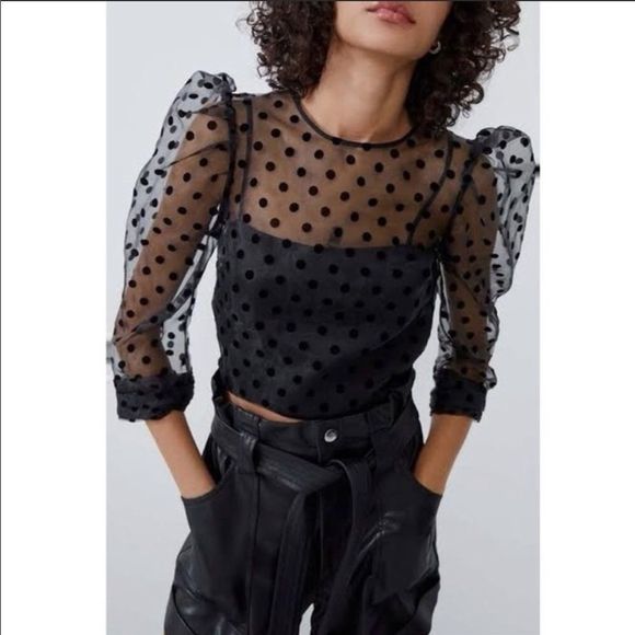 COPY - Zara Black Organza Polka Dot Crop Blouse NWT - Picture 2 of 14